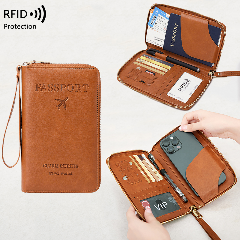 RFID ブロッキングパスポートホルダー旅行財布チケットクレジットカードバッグ多機能ジッパー財布リストストラップファッション