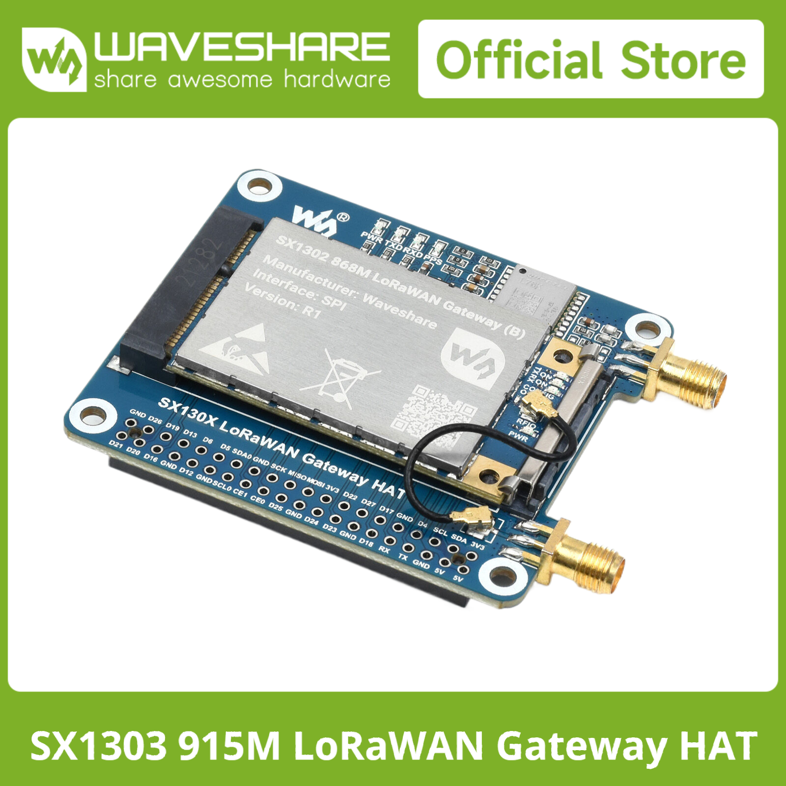 Waveshare SX130x 868M/915M LoRaWAN ゲートウェイ モジュール/HAT Raspberry Pi 用、標準 Mini-PCIe ソケット、長距離伝送 SPI
