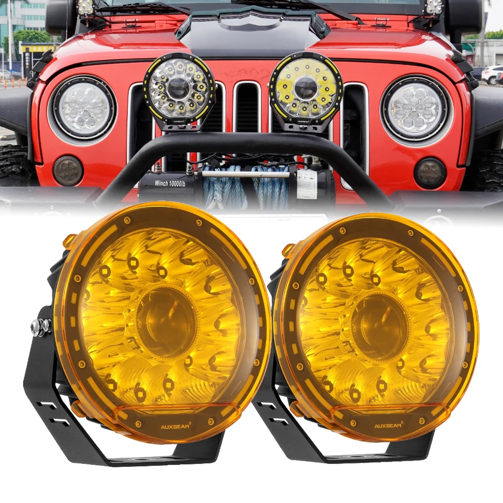 AUXBEAM 7インチ LED ドライビングワークライト スポットプロジェクターライト 配線ハーネス付き アンバー 3200K 変色する PC 保護シェル