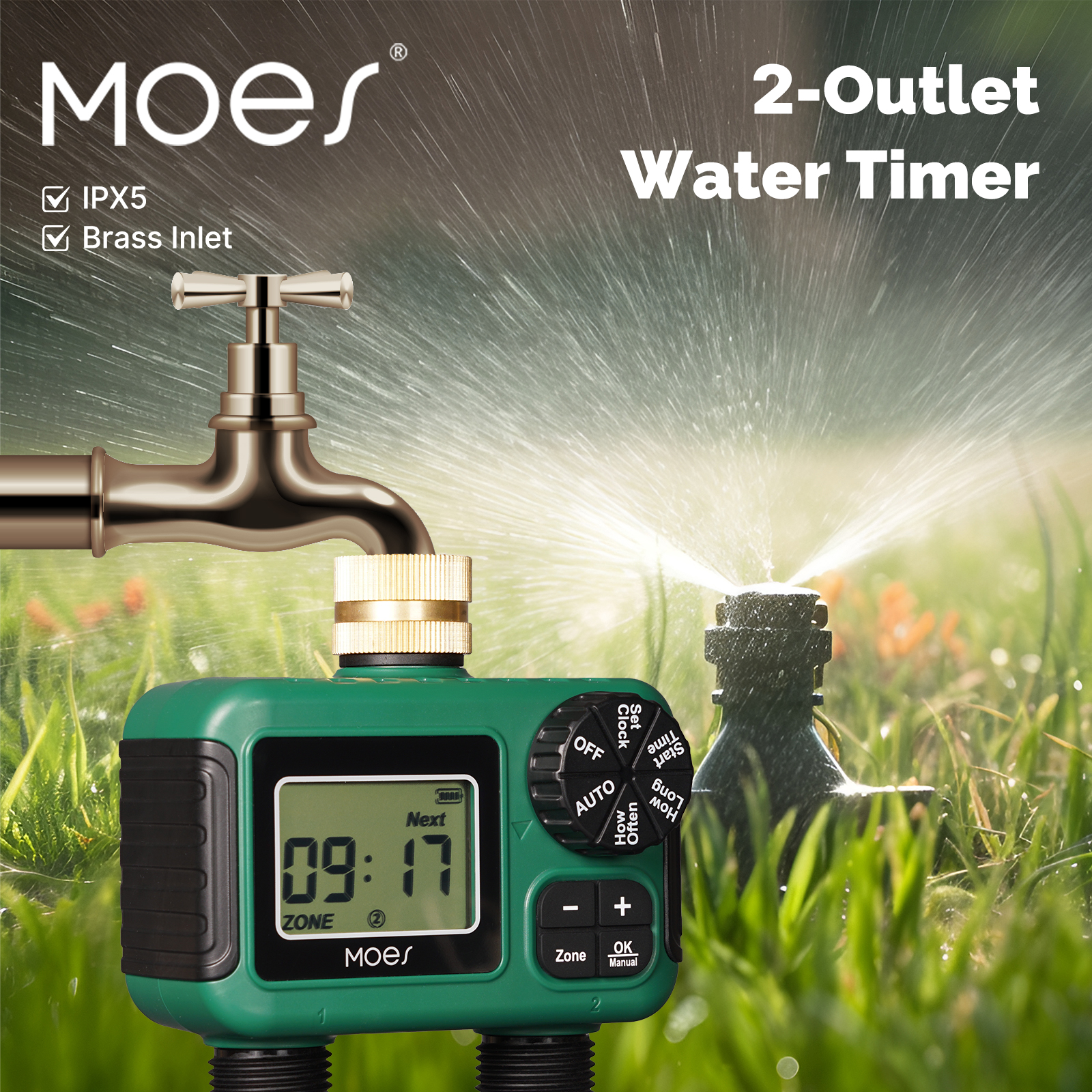 MOES ウォータータイマー 2 アウトレット真鍮入口 IPX5 防水ロータリーノブボタン制御 LCD 表示画面雨遅延チャイルドロック付き