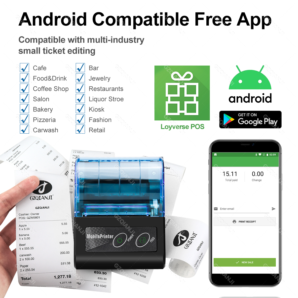 ミニ Bluetooth サーマル プリンター ワイヤレス Protable 58mm レシート請求書 POS プリンター Loyverse POS Android 中小企業向け無料アプリ