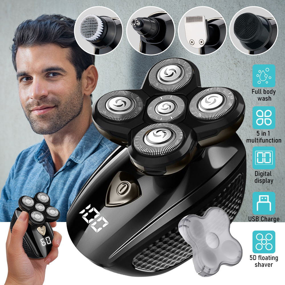 5D Floating Head Shaver for Bald Men, 5 in 1 Multifunctional Electric Shaver IPX7 Washable USB Recharge Beard Nose Trimmer Grooming Set with LED Digital Display