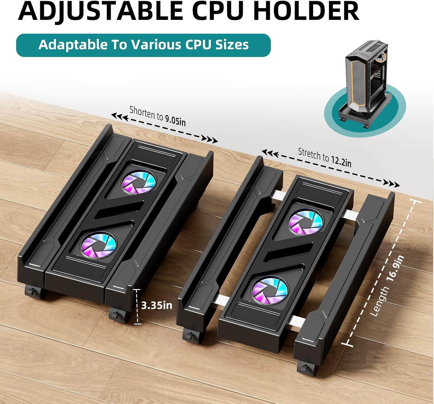 冷却ファン付き調節可能なコンピュータータワースタンド モバイル CPU ホルダー 4 つのローリングキャスター PC フロアカート デスク下の PC ライザー CPU