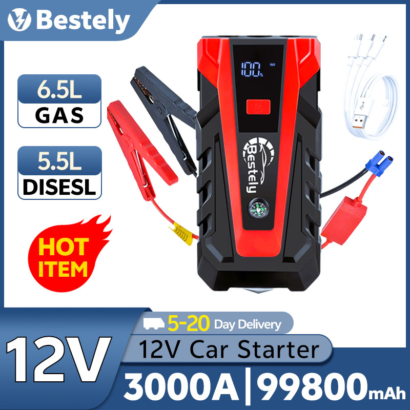 Bestely 12V 99800mAh 3000A 車のジャンプスターター車のバッテリースターターポータブル電源銀行 12V 始動装置ガソリンディーゼル車
