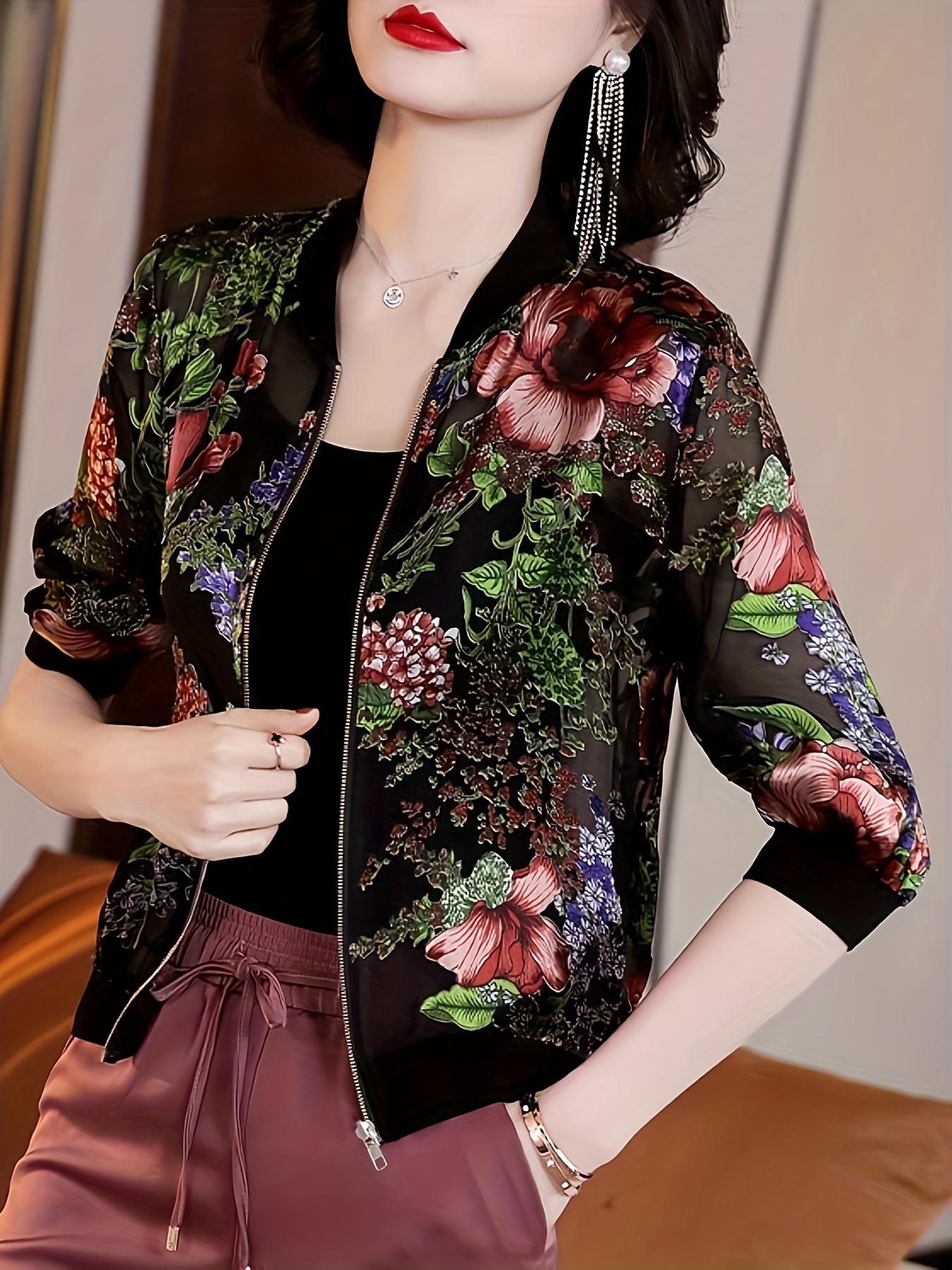 女性用薄手の花柄ジャケット ジップアップ コート 夏 軽量 シフォン アウター ヴィンテージ レッド グリーン 花柄 カジュアル