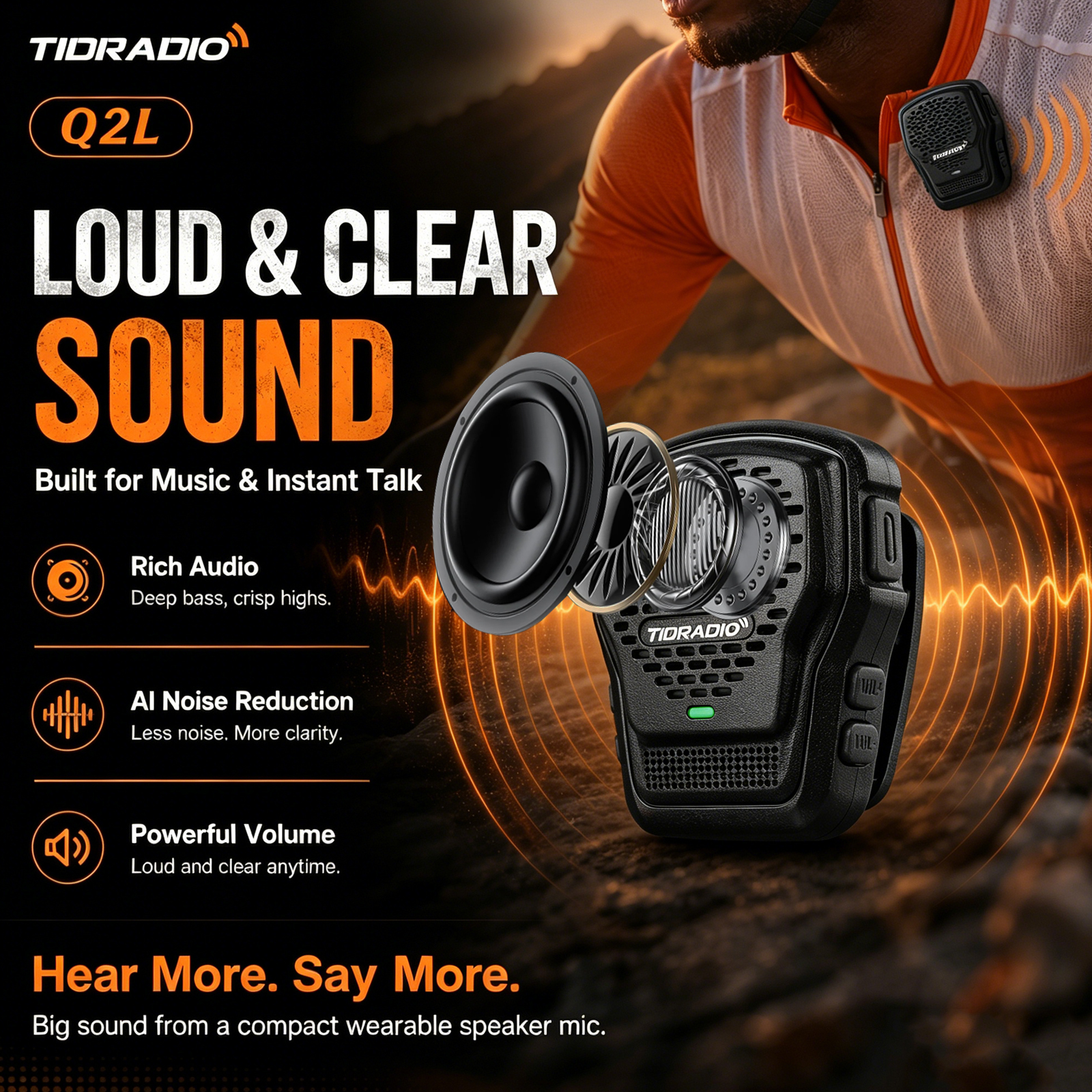 TIDRADIO Q2L ウェアラブル スピーカー マイク クリップオン 磁気ワイヤレス PTT AI ノイズリダクション アプリ グローバル プッシュ トゥ トーク 仕事 屋外 チーム