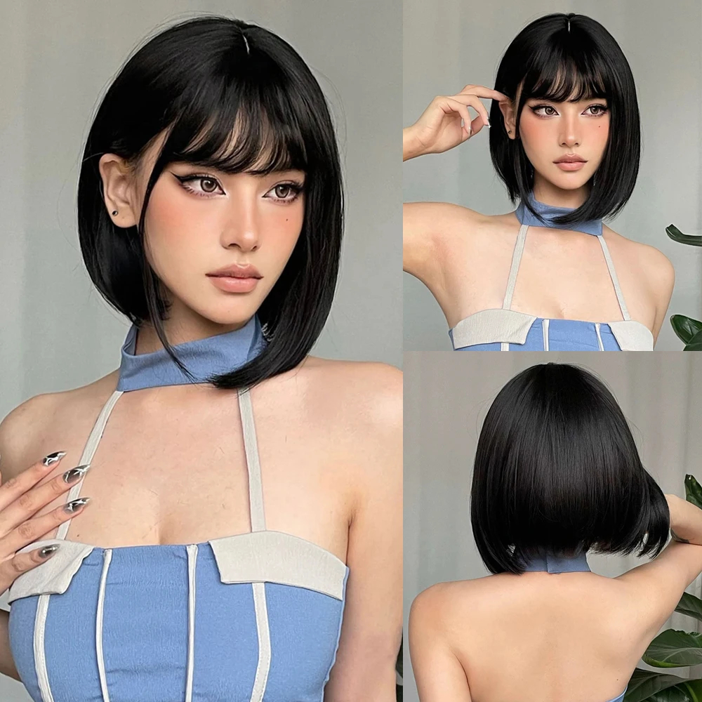 ボブ黒合成かつらストレートコスプレショート毎日自然な髪のかつら前髪付き耐熱ファイバー女性のためのアフロ