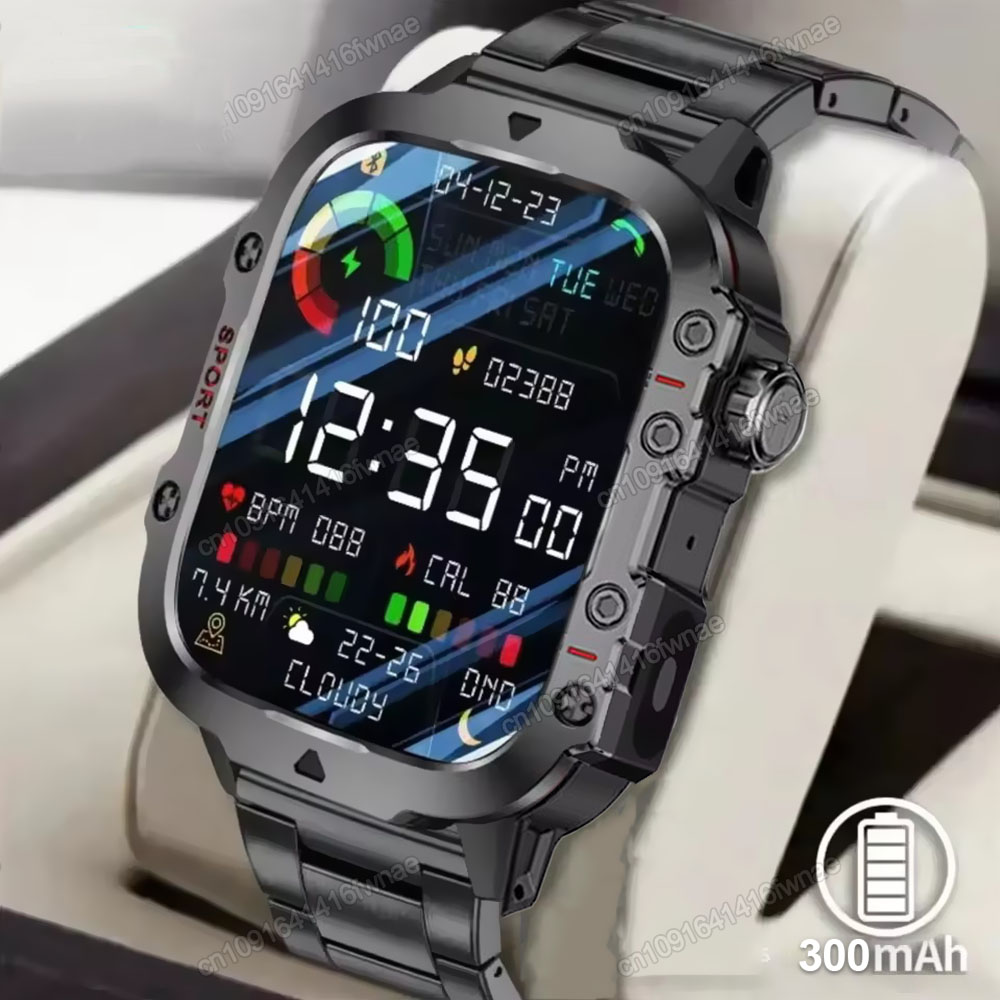 2026 頑丈な軍事スマートウォッチメンズアウトドアウォッチ LED 懐中電灯 2.01 インチ HD タッチスクリーン音声 Bluetooth 通話スマートウォッチギフト