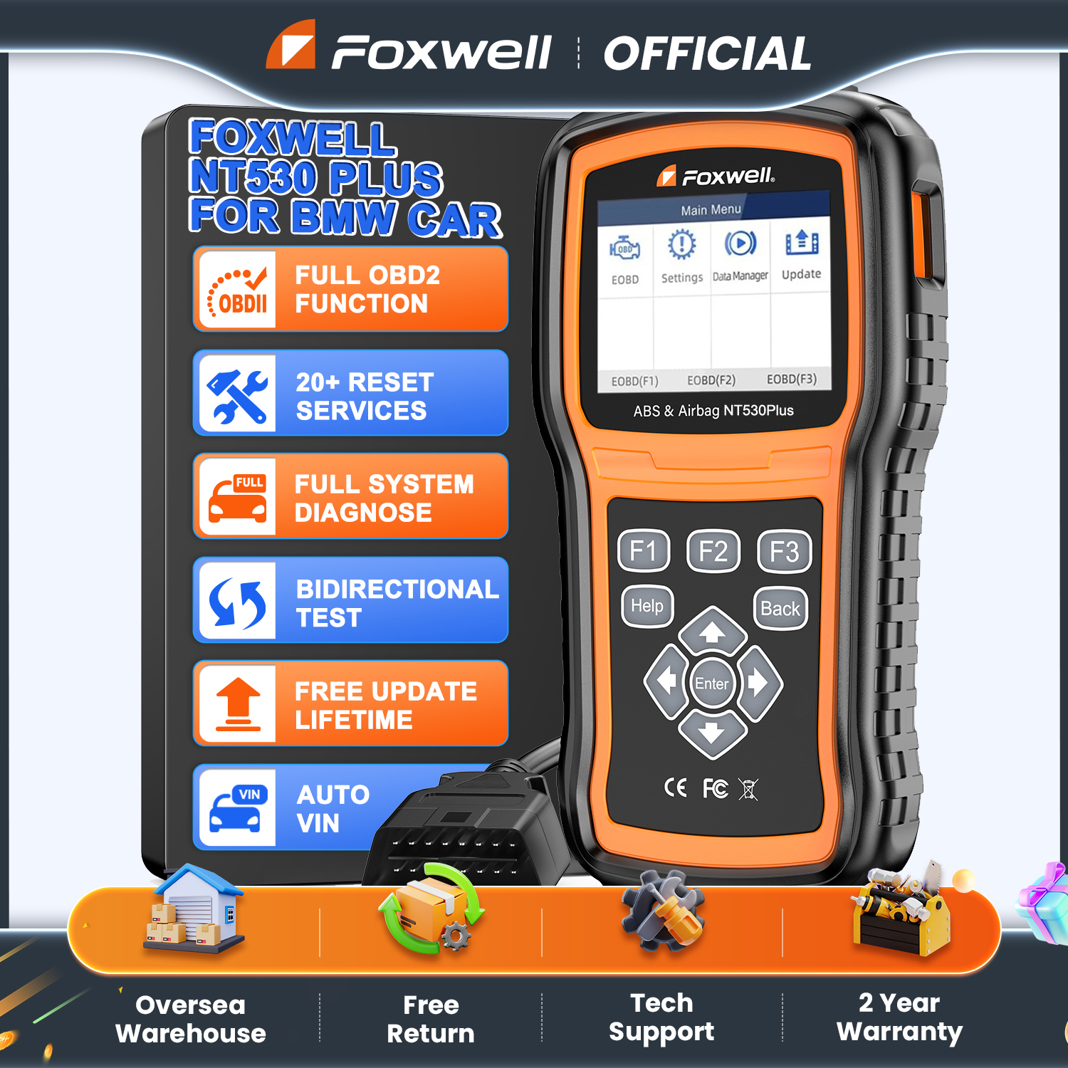 FOXWELL NT530 OBD2 車スキャナーすべてのシステム ABS SRS EPB DPF オイルリセット双方向制御 OBD 2 12V 自動診断ツール BMW 用