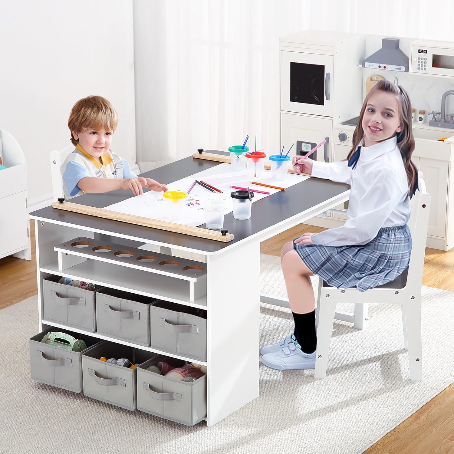 4 In 1 キッズアートテーブルと椅子セット、幼児クラフト大型収納デスク、ポータブルアートサプライオーガナイザー付き、描画、カスタマイズ