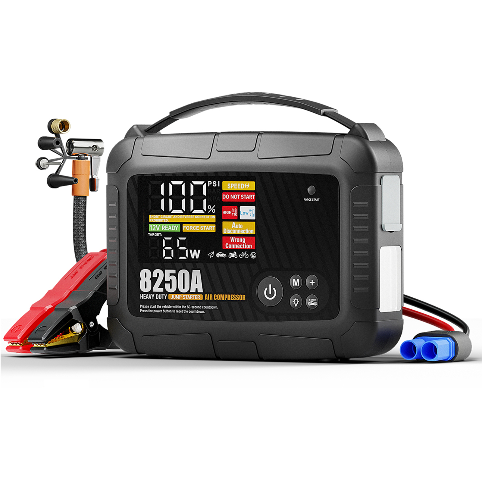JFEGWO 4 in 1 車ジャンプスターター 8250A バッテリーブースターパック 150PSI タイヤインフレーター 32000mAh ポータブルパワーバンク LED 緊急ライト 12V 車両用