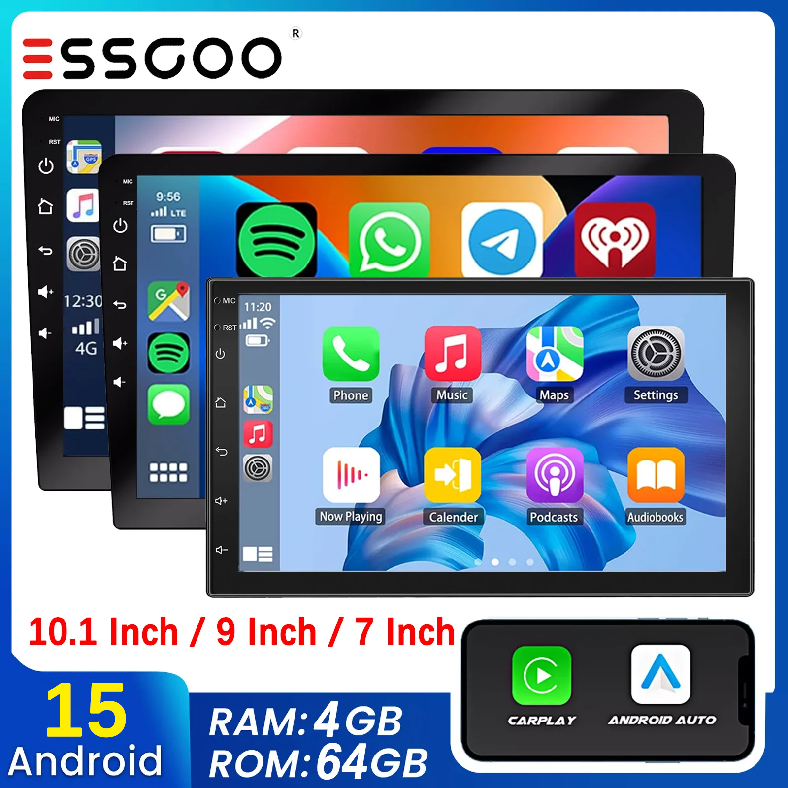 7 "/9"/10" 2 DIN Android 15 4 64 グラムカーステレオマルチメディアプレーヤーユニバーサル Carplay Android 自動 GPS ナビゲーション FM ラジオタッチスクリーン