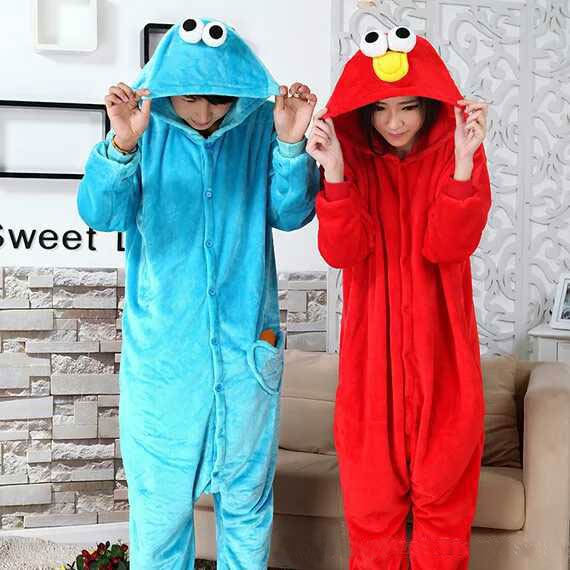 ブルークッキーモンスターレッドエルモ Onesies 動物コスプレ衣装パジャマ大人ワンピースパジャマフード付きパジャマ