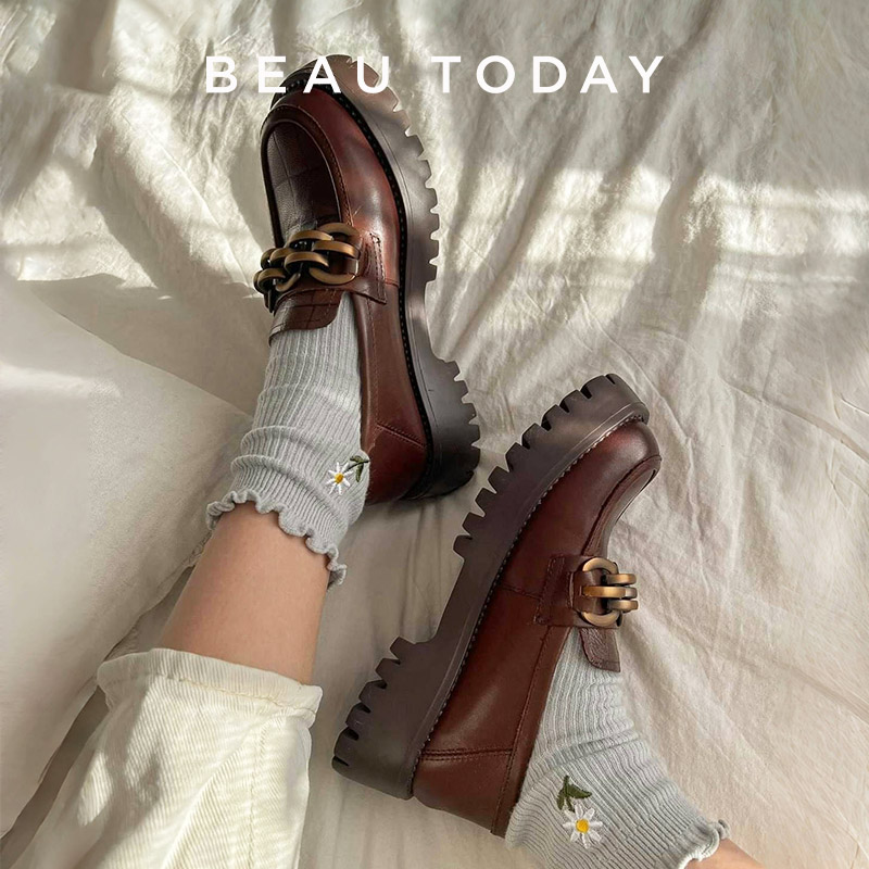 BeauToday 分厚い女性のローファー本革プラットフォームシューズラウンドトゥメタルチェーンスリップオンレディースバレエフラット手作り 27748