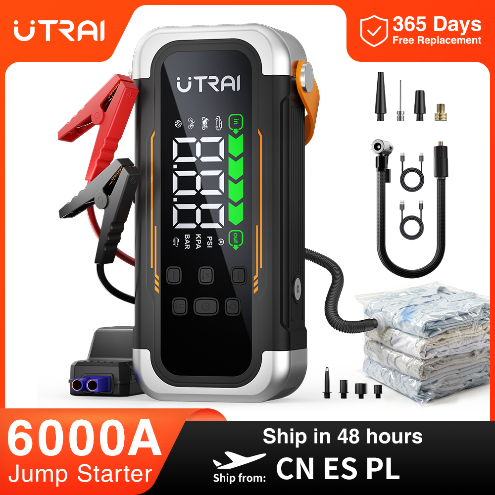 UTRAI 5 in 1 6000A 車ジャンプスターター 150PSI エアポンプ PD30W パワーバンク高速エアフローデュアルモードカヤック用車バッテリーブースター
