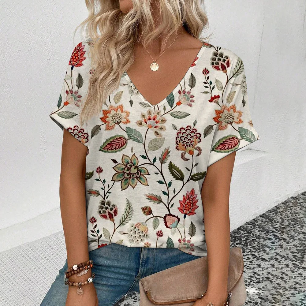女性のプラスサイズ Tシャツ夏の V ネック Tシャツ女性のためのデイリーファッション半袖カジュアル Tシャツ 3d プリント女性服