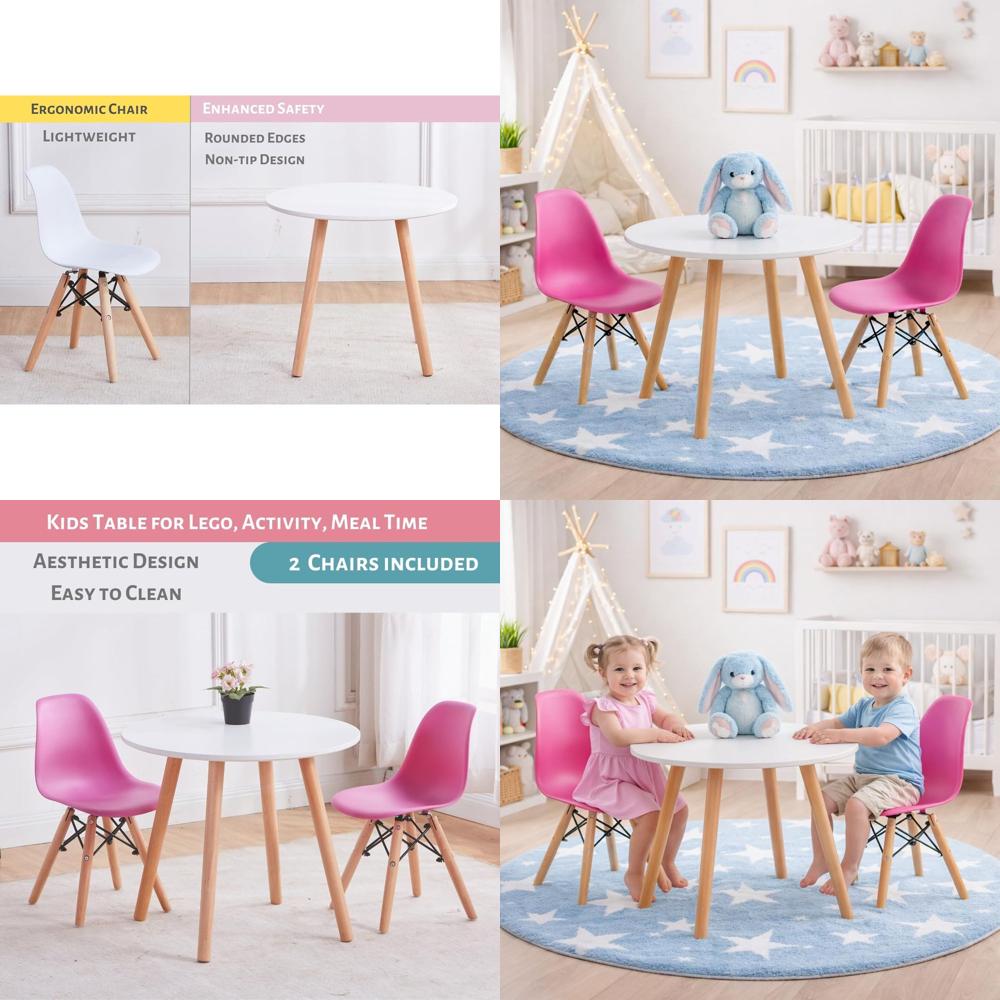 ピンクの丸い幼児用テーブルと椅子セット、椅子2脚付き