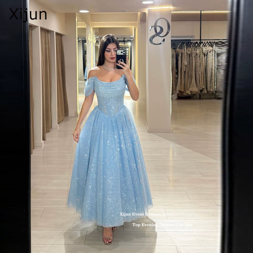 Xijun グリッターブルーのイブニングドレスオフショルダー A ラインキラキラウエディングドレス足首までの長さのフォーマルパーティードレス女性カスタマイズ