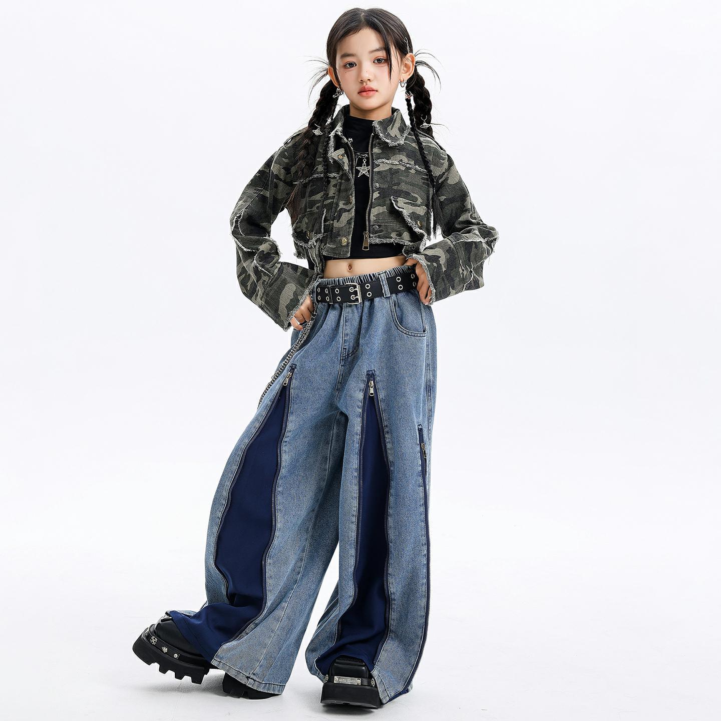Kid Kpop Hip Hop Clothing Camo Raw Hem Crop Jacket Top Denim Blue Street Zip Jeans Baggy Pants for Girl Dance Costumes Clothes