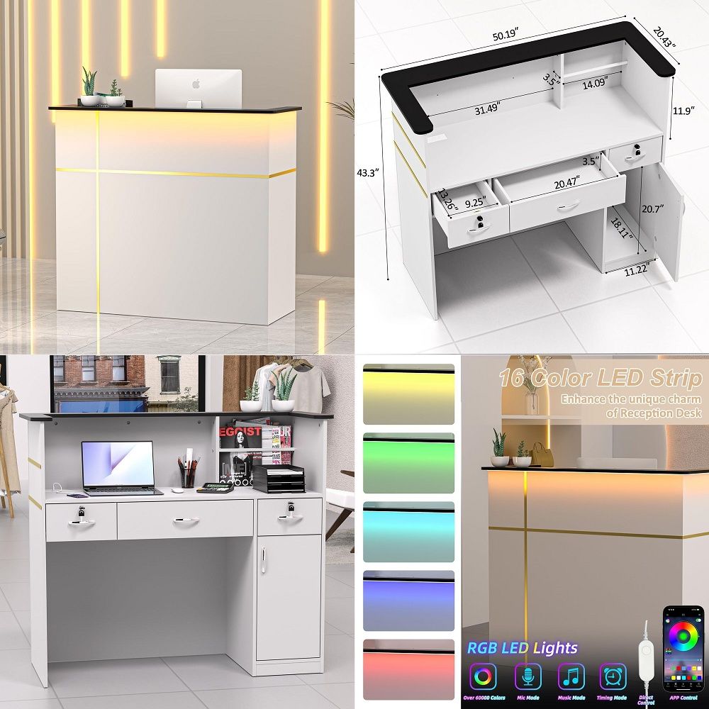 カウンター付きレセプションデスク、モダンなフロントテーブル装備ロッカーアンプ収納棚、LEDライト付き50インチチェックアウトカウンター