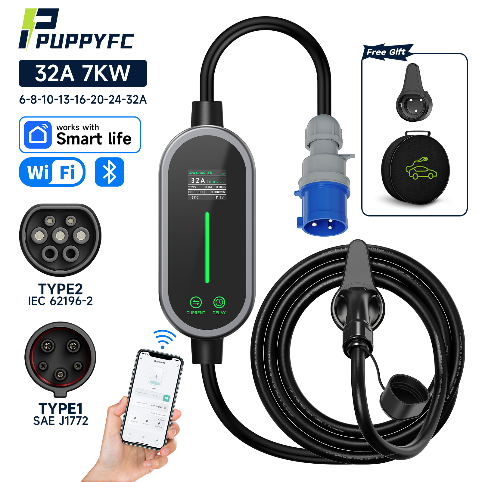 Puppyfc 32A 7KW ポータブル EV 充電器 Type2 Type1 電気自動車充電器 GB/T EVSE 充電 CEE プラグケーブル Wi-Fi APP 制御