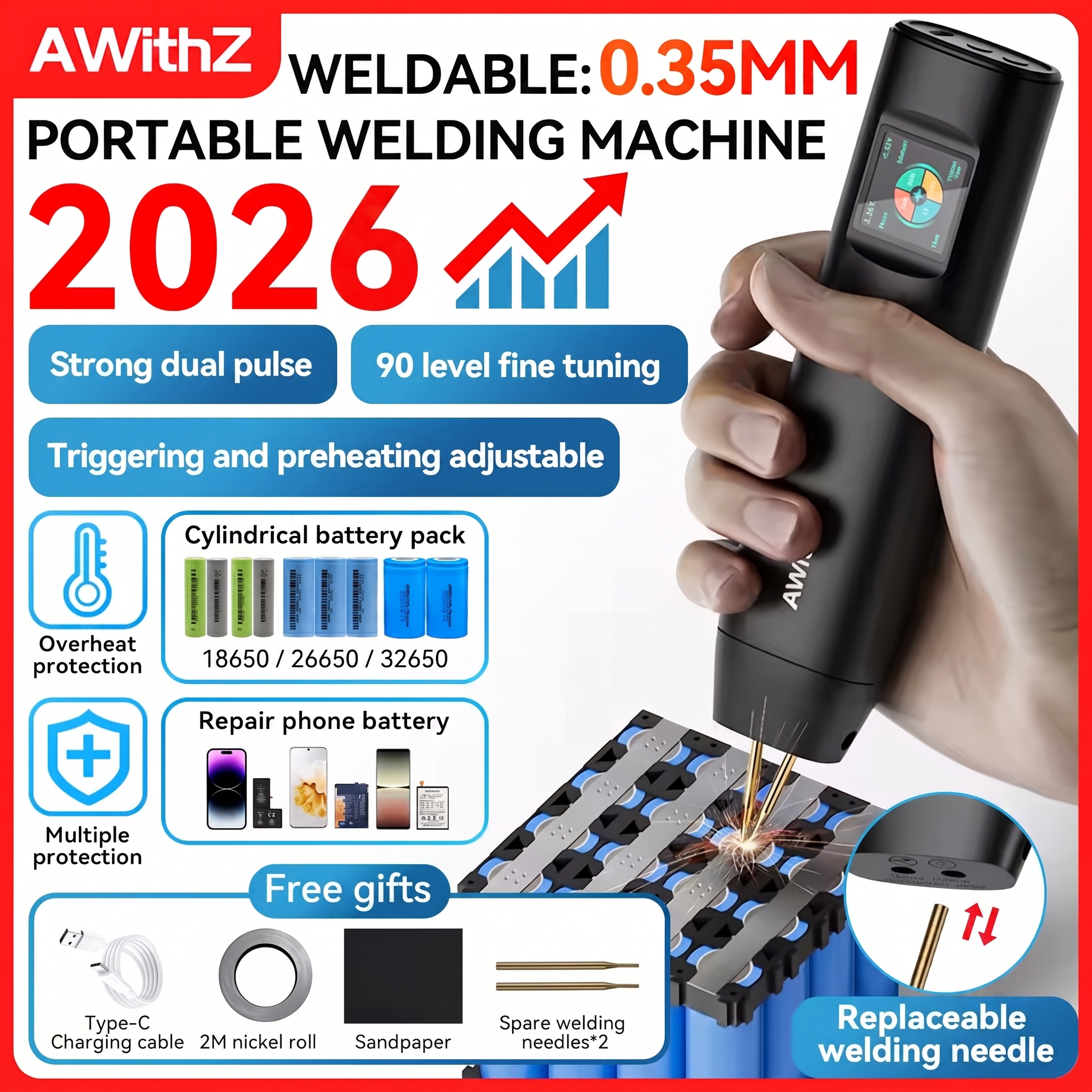 AWithZ ポータブルスポット溶接機 DIY ハンドヘルドスポット溶接機 90 ギア調整可能なスポット溶接 18650 リチウム電池用