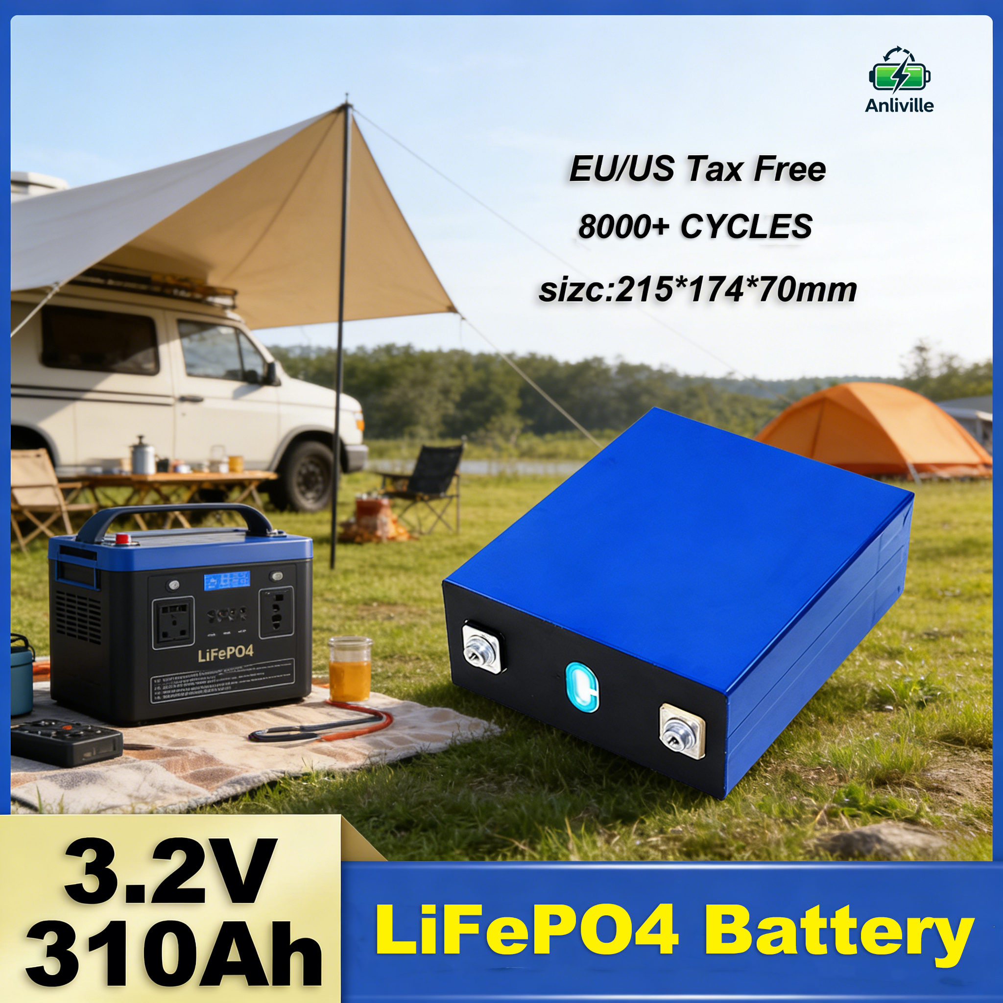 3.2V 310Ah LiFePO4 角形バッテリーセル、992Wh エネルギー、DIY 12V 24V 48V ソーラー RV パワーパック用 3C ピーク放電、グレード A