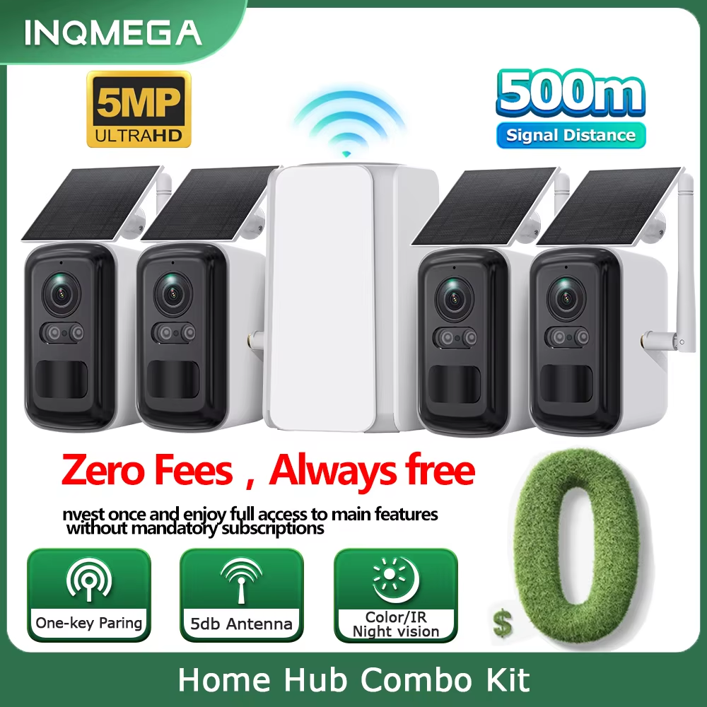 INQMEGA 5MP ワイヤレスソーラーカメラシステム 4 カムキット屋外 WiFi ソーラーセキュリティカメラセット双方向通話ゼロ手数料常に無料