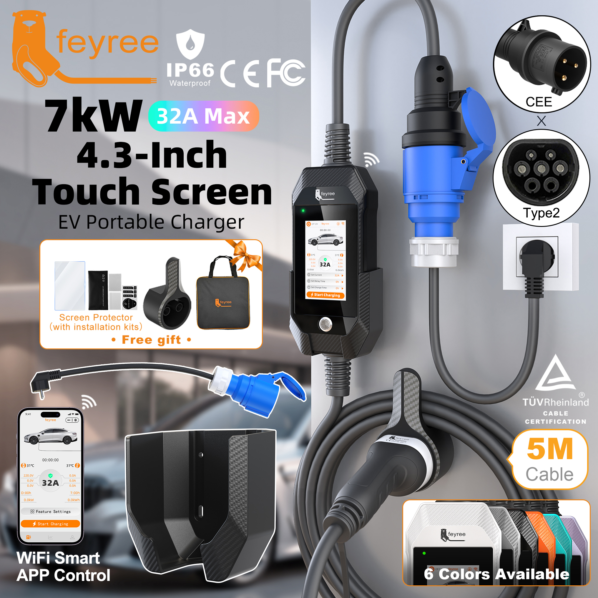 Feyree 4.3 インチタッチスクリーンポータブル 7kW EV 充電器 Type2 充電プラグ、スマート Wifi APP AC ホーム充電器プロフェッショナルデザイン