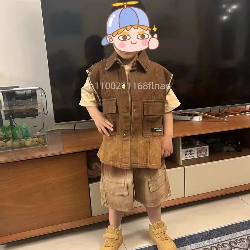 トレンディなストリートダンスウェア子供男の子ノースリーブベストセットガールズヒップホップパフォーマンス服