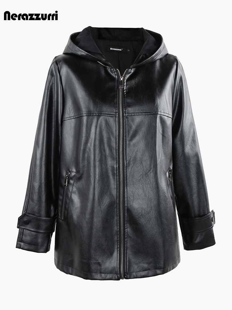 Nerazzurri Spring Autumn Black Waterproof Lightweight Soft Pu Leather Jacket Women with Hood Zipper Loose Casual Clothes 2023