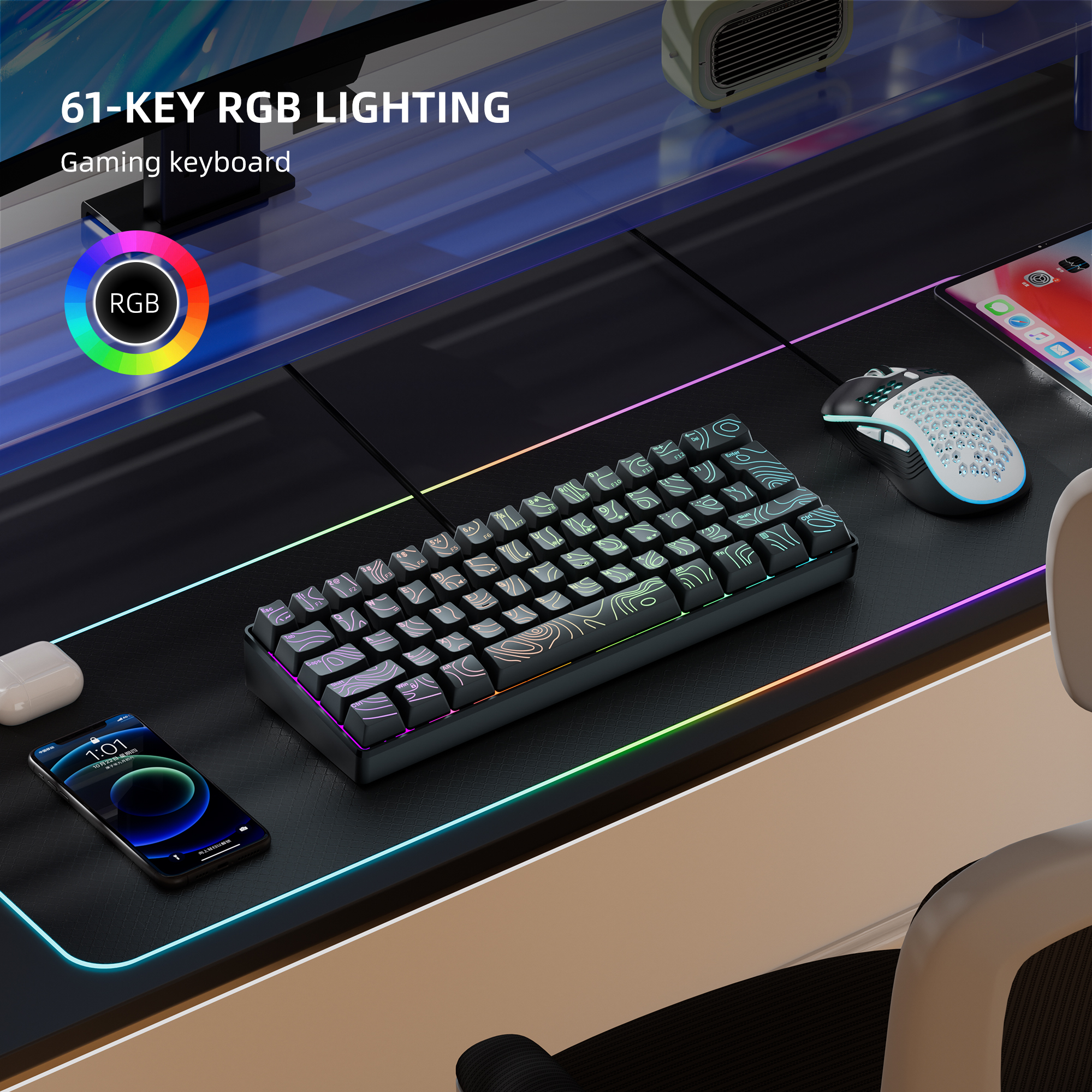 RGB バックライトとメンブレン キースイッチを備えた 60% コンパクト有線キーボード。 Windows タブレット、ラップトップ、ゲーマーに適しています。黒。