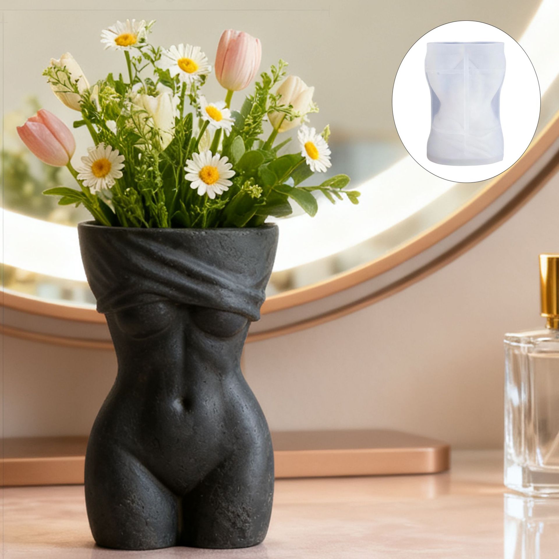 3D 布で包まれた女性の胴体花瓶型、エレガントな女神ボディアート植木鉢シリコン型、DIY コンクリート石膏彫刻ホーム