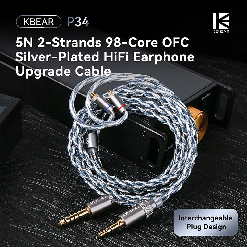 KBEAR P34 イヤホンアップグレードケーブル 5N 2 ストランド 98 コア OFC 銀メッキ交換可能なプラグデザイン 3.5/4.4 MK3 用