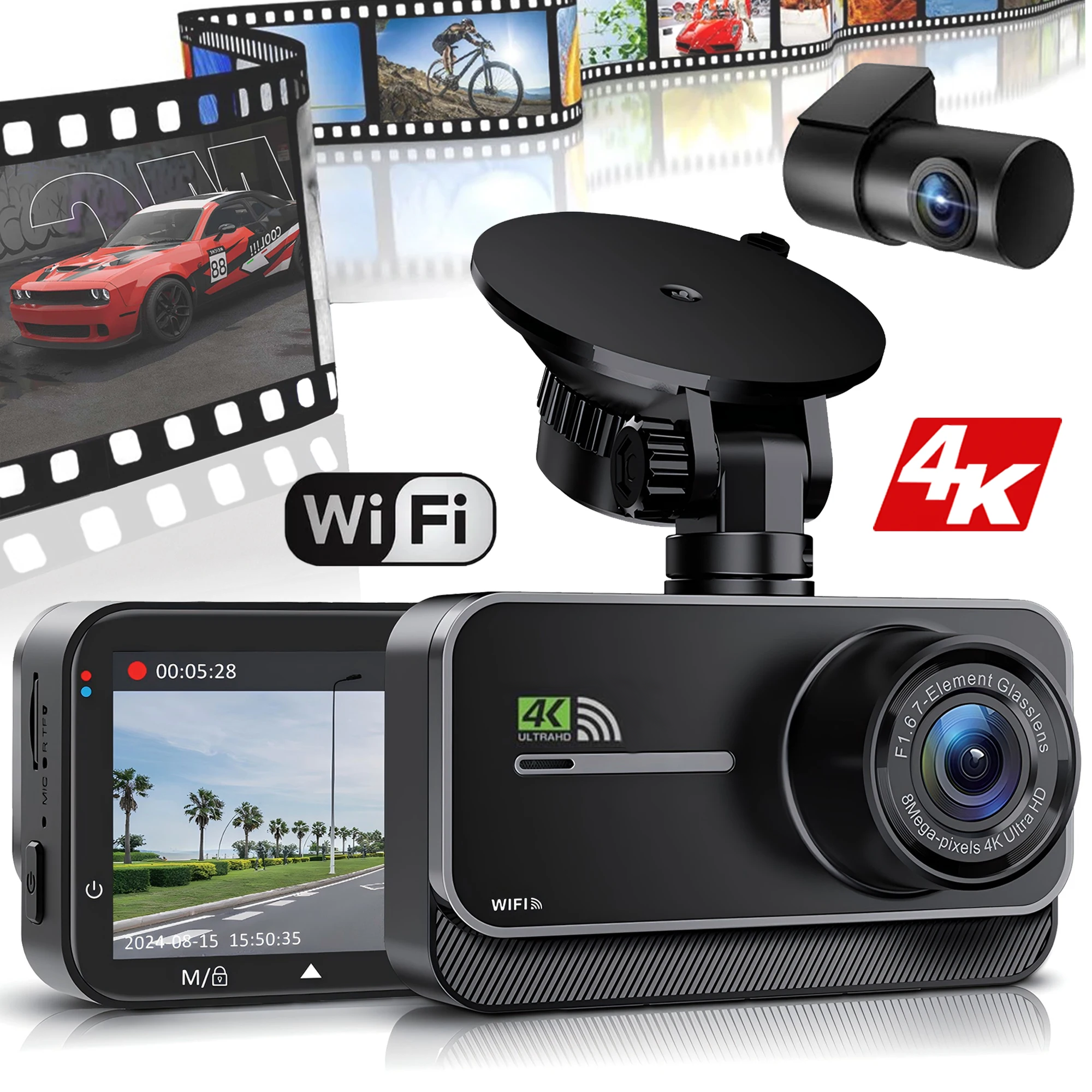 4K ダッシュカム 車用 カーカメラ ダッシュカム WIFI カメラ 車のフロントとリアのダッシュカメラ ブラックボックス 24H 駐車モードレコーダー