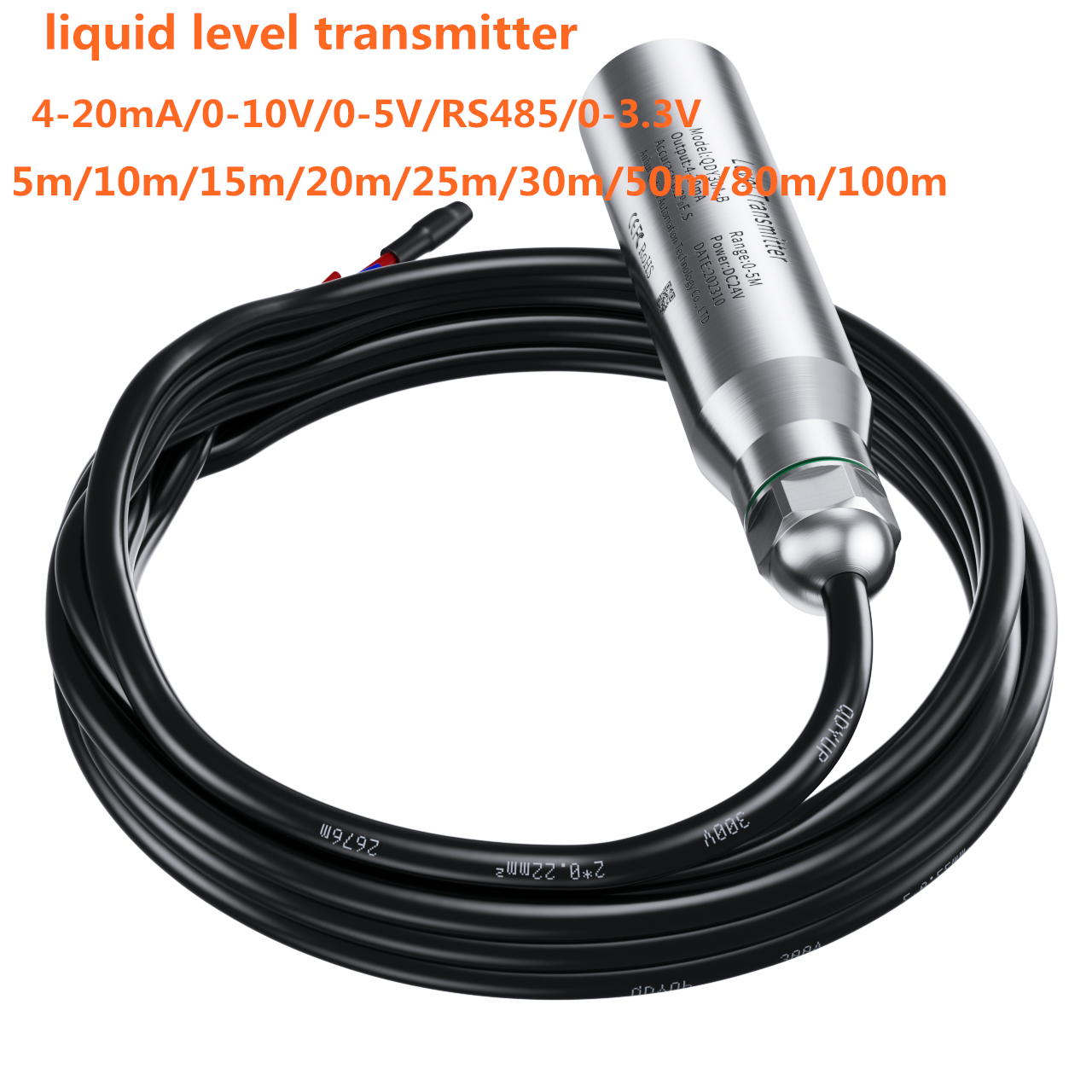 水中液体レベルトランスミッター 10 メートル 15 メートル 20 メートル 30 メートル 50 メートル水位センサー 304SS プローブ 4-20mA 0-10V RS485