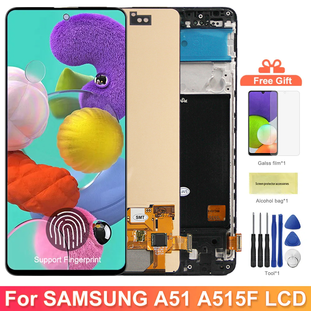AMOLED A51 ディスプレイ画面指紋付き、Samsung Galaxy A51 A515 A515F Lcd ディスプレイタッチスクリーンデジタイザ交換用