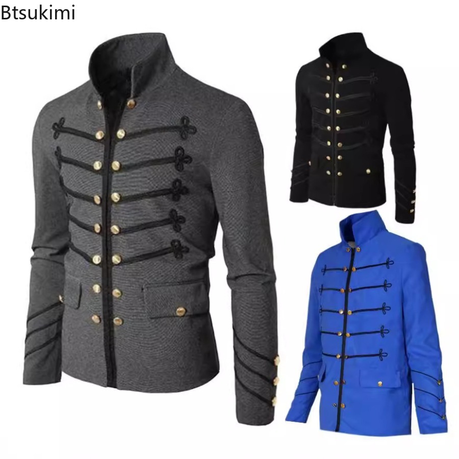 スチームパンク男性ヴィンテージゴシックパレードジャケット刺繍ボタン無地トップレトロ制服ジッパー上着中世衣装