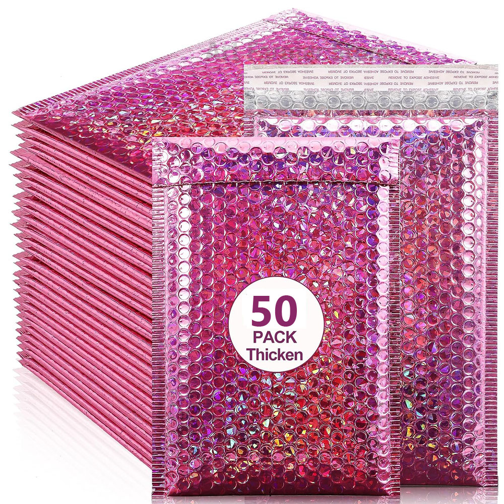 50枚入り ホログラフィック メーラー レーザー ピンク 郵送用封筒 防水宅配袋 クッション入りバブル封筒 梱包用袋 発送用
