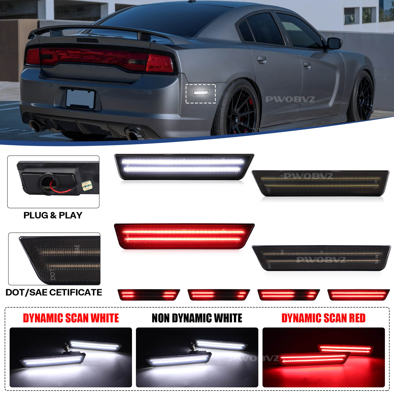 2 個ダイナミックスキャン赤白ドライビングライトリアバンパー LED サイドマーカーライトダッジチャレンジャー 2008-2014