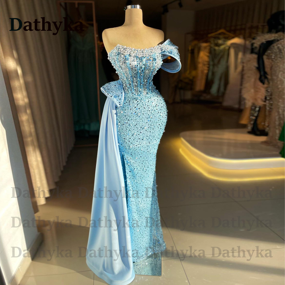 Dathyka グラマラス ビーズ イブニング ドレス 恋人 ノースリーブ アップリケ ラッシュ グレース Vestidos デ ガラ カスタマイズ