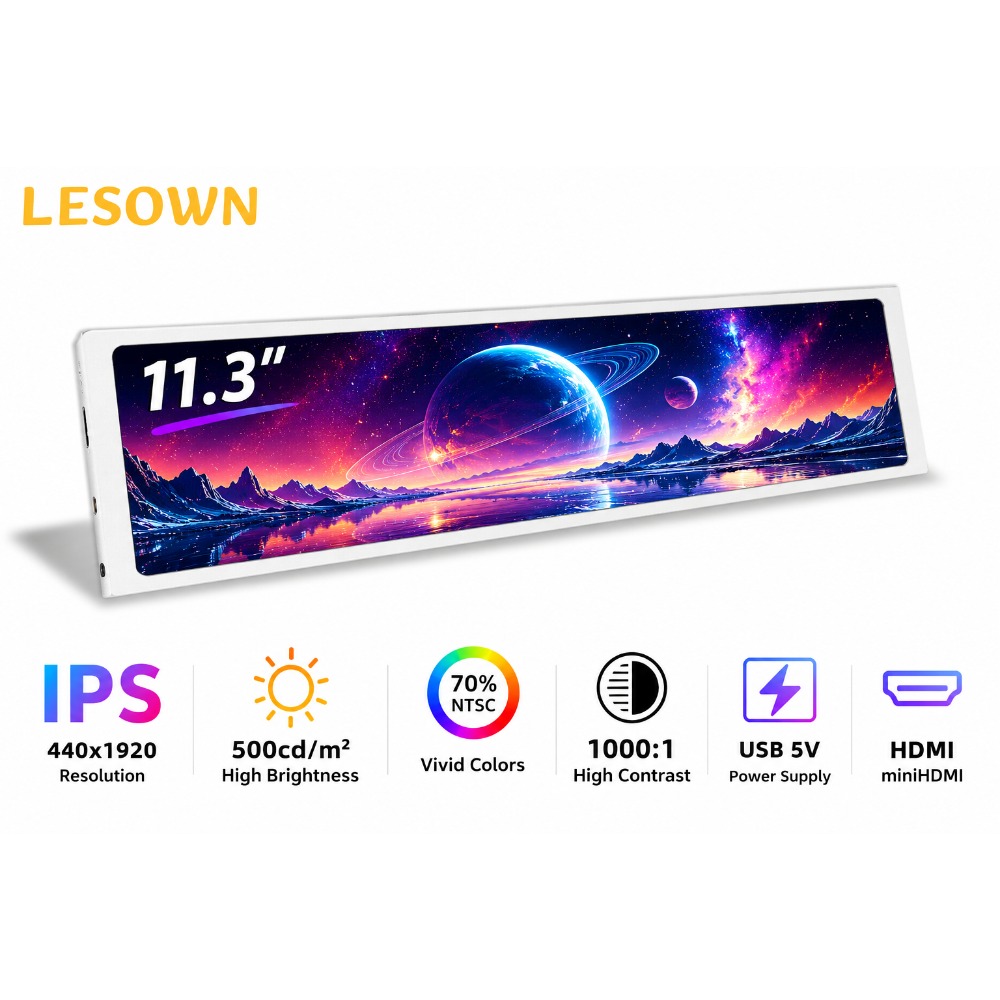 LESOWN 11.3 インチ マット ホワイト セカンダリ ディスプレイ 簡単セットアップ 440x1920 miniHDTV 垂直サブスクリーン 60Hz