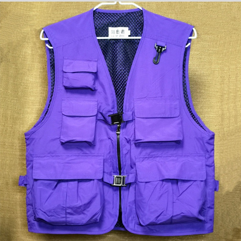 2023 マルチポケット Techwear タクティカルカーゴベスト男性屋外写真釣りチョッキノースリーブジャケット紫赤色