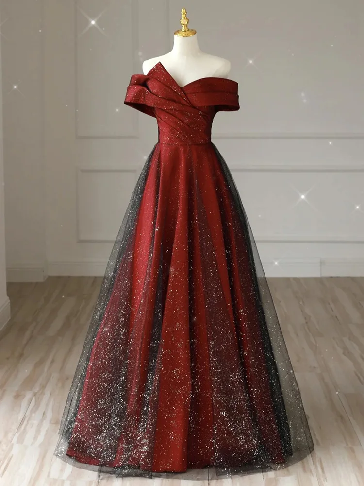 Bomaris ブルゴーニュロングイブニングパーティードレス Vestidos デ · フェスタオフショルダーグリッターページェント女性フォーマルウエディングドレスカスタマイズ