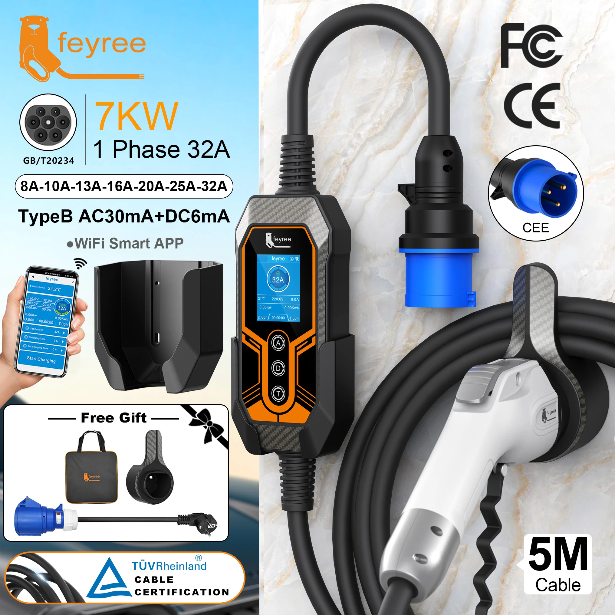 Feyree GB/T EV 充電器ポータブルアップグレードバージョン ウォールマウント付き 7KW 32A 1 相 EVSE 充電ボックス GB/T プラグ Wifi アプリバージョン