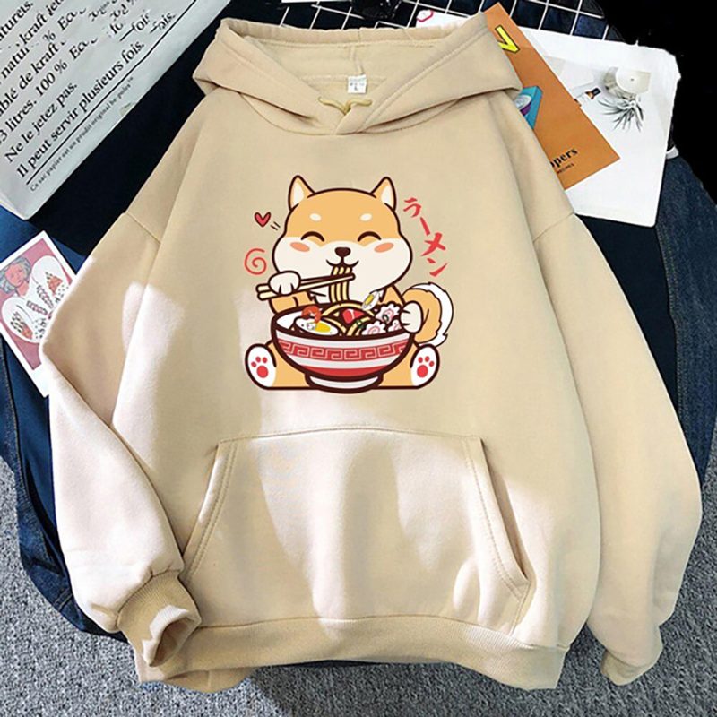 新しいかわいい柴犬ラーメンプリントプルオーバーファッション女性男性パーカー長袖カジュアルフード付きスウェットシャツ