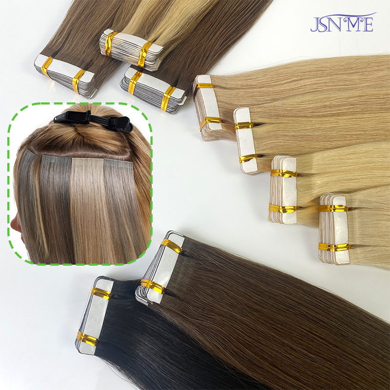 JSNME テープヘアエクステンション目に見えないシームレス 100% 本物の人毛ストレートテープインブラックブラウンブロンド 16-24 インチサロン用