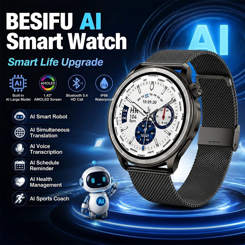 BESIFU スマートウォッチ Bluetooth 通話、1.43 インチ AMOLED ディスプレイ、AI 音声コントロール、心拍数付き