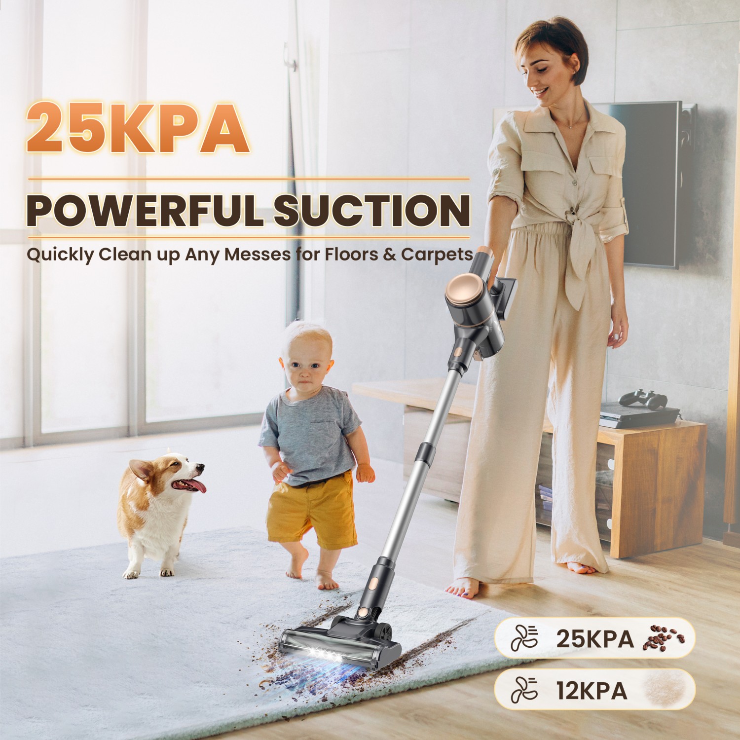 YISORA N8 スティック掃除機、25Kpa 2 モード軽量コードレス掃除機、ペットの毛、カーペット用