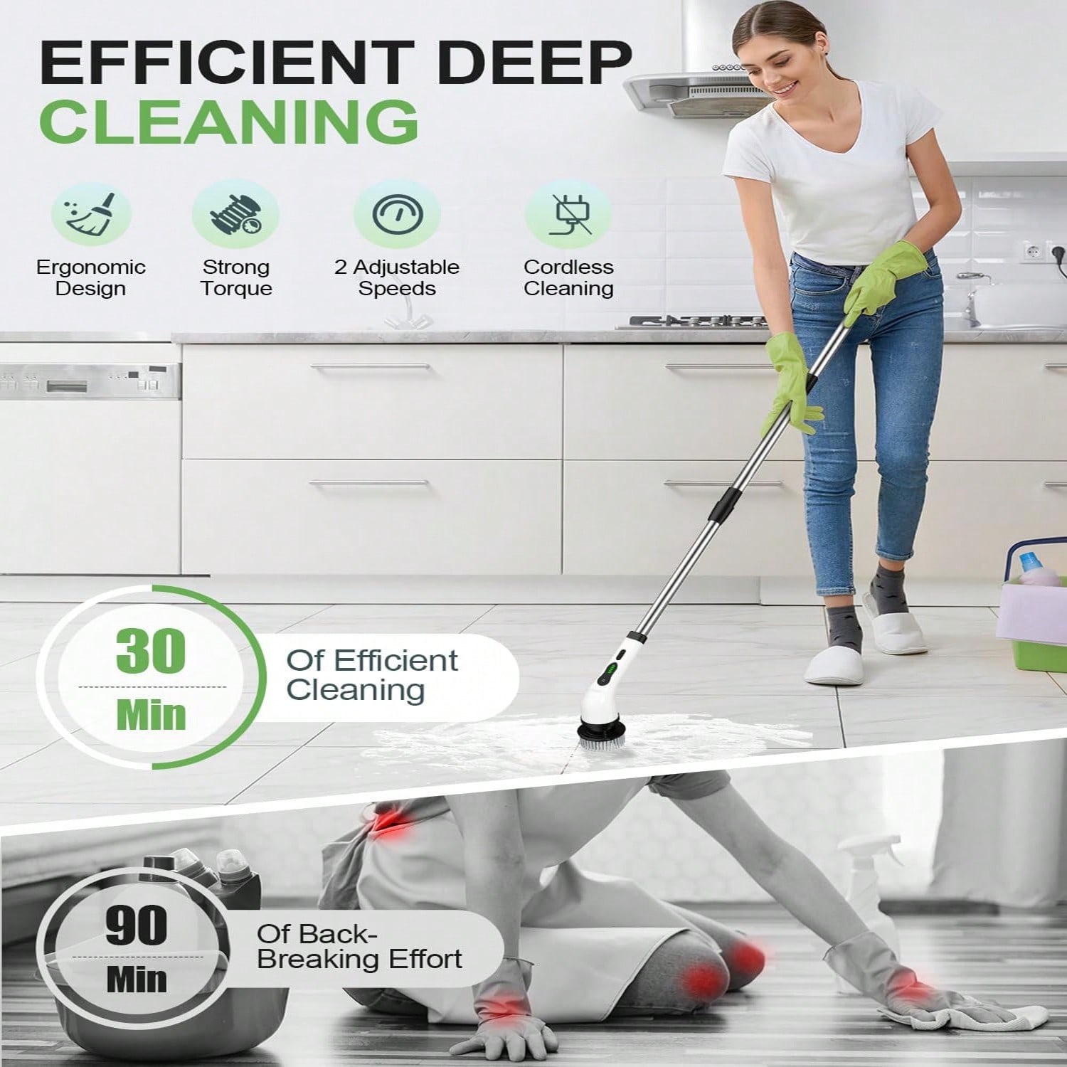 2026 電動ロータリースクラバー、充電式クリーニングブラシ、9 ブラシヘッド付きシャワースクラバー、2H パワー 2 スピード、調整可能な延長